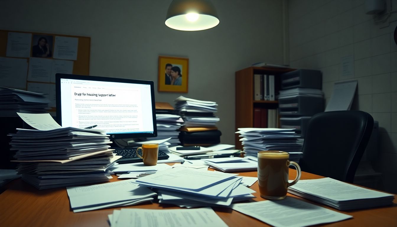 A social worker's cluttered desk with paperwork, computer and cold coffee.